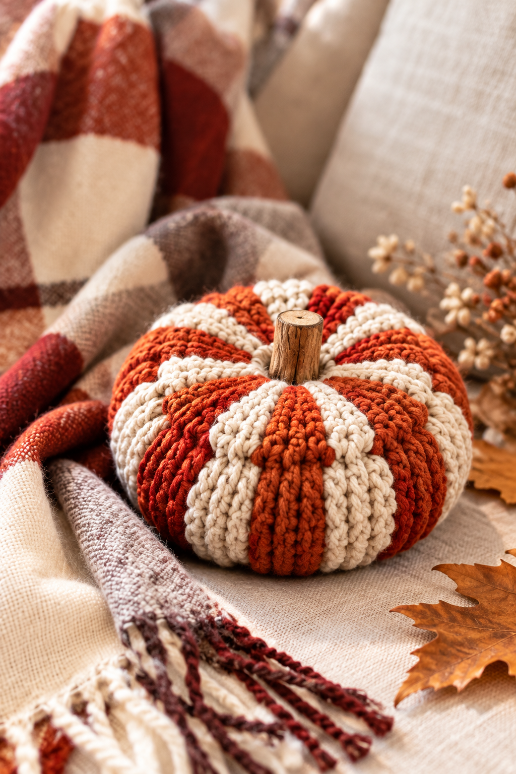 country gingham crochet pumpkins natural stem