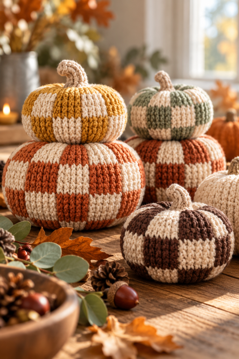 country gingham crochet pumpkins fall display