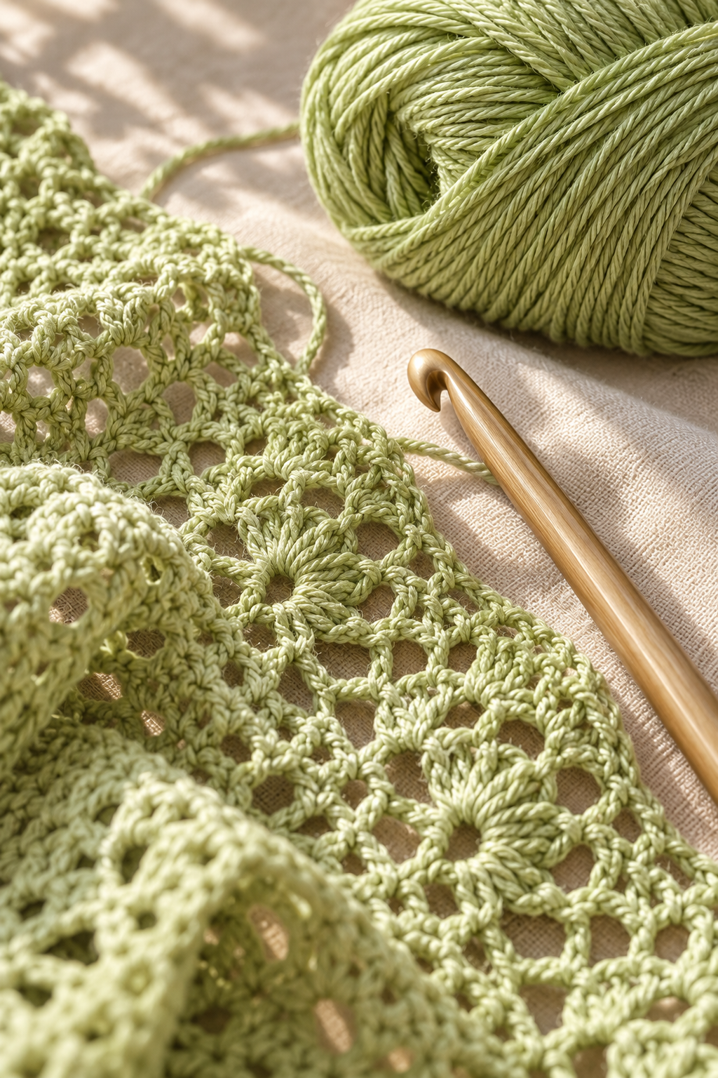 Crochet pistachio wrap open lace stitches and a crochet hook beside pistachio yarn