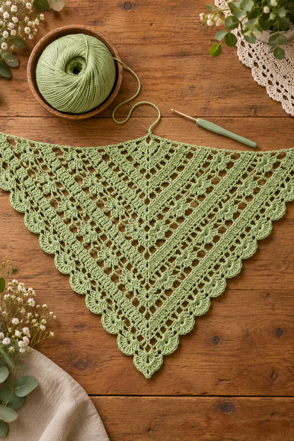 Triangular crochet shawl growing from its center point