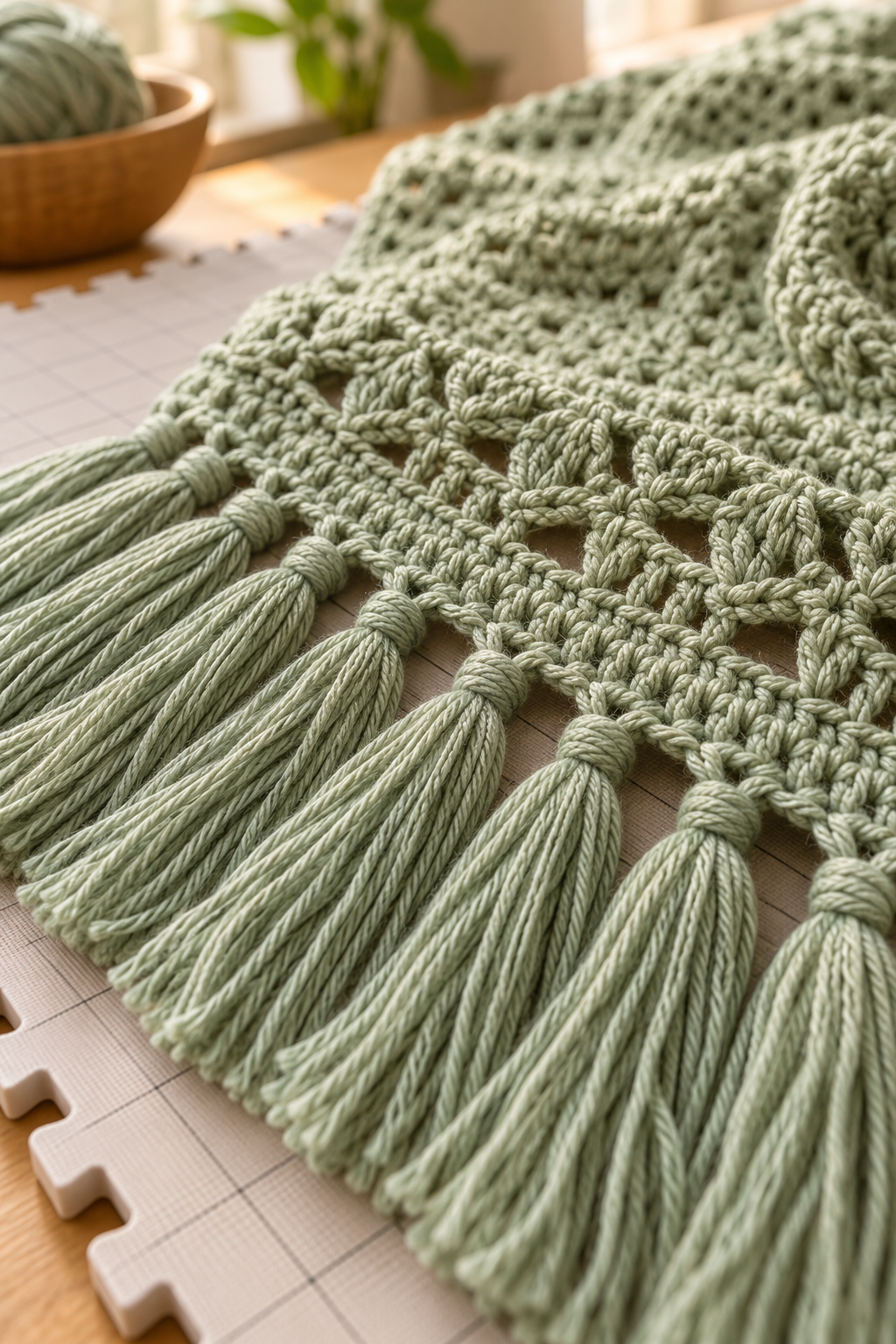 Neatly finished fringe along a pistachio crochet shawl edge