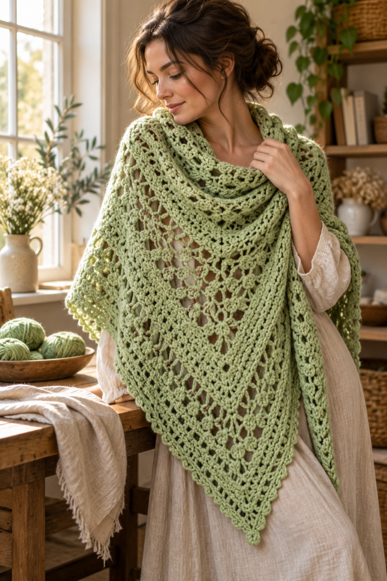 Pistachio green oversized crochet wrap with airy lace texture
