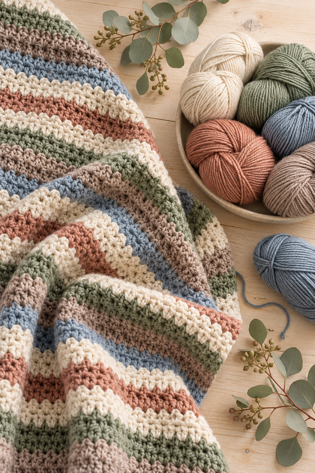 MJ’s Signature crochet blanket beside yarn and eucalyptus