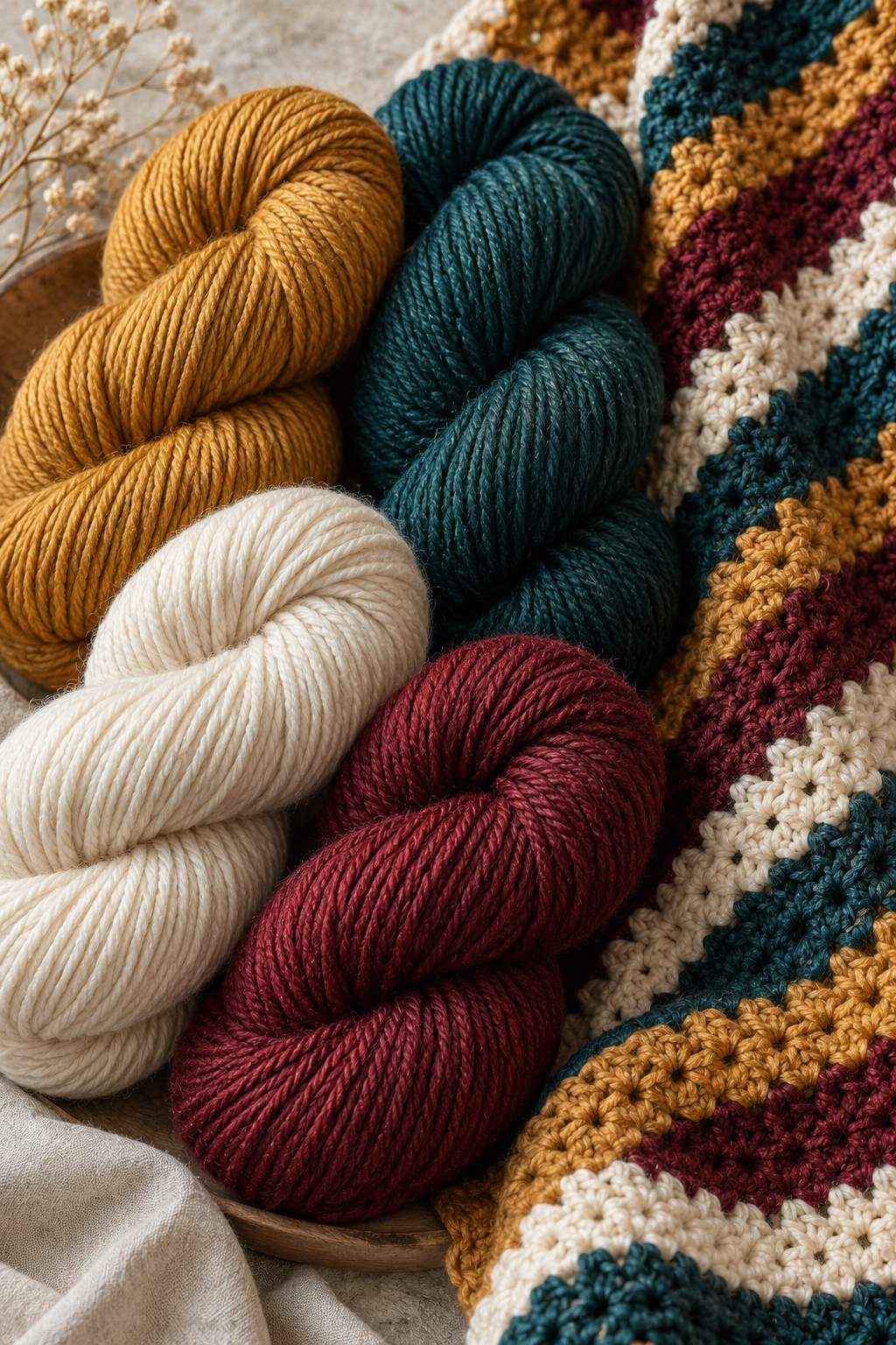 Coordinated yarn beside crochet blanket texture