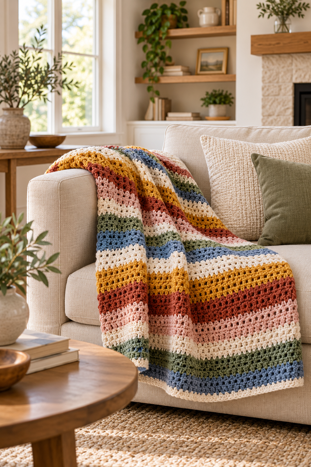 Striped crochet throw styled on a neutral sofa
