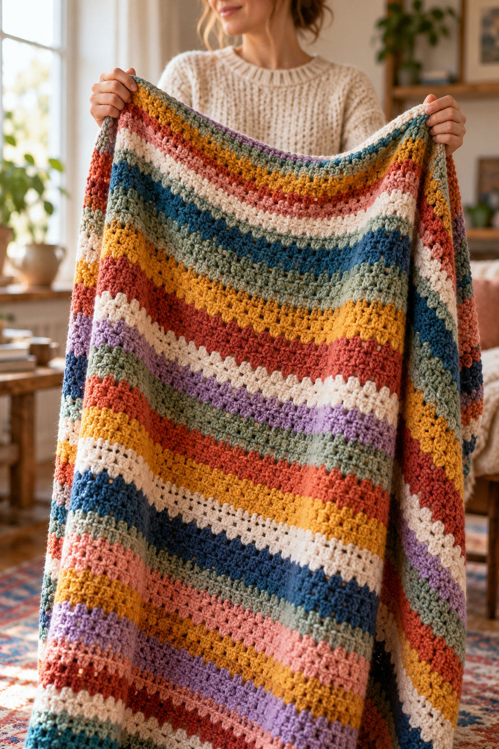 Maker holding a colorful striped crochet blanket