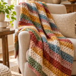 Colorful striped crochet blanket in a cozy living room