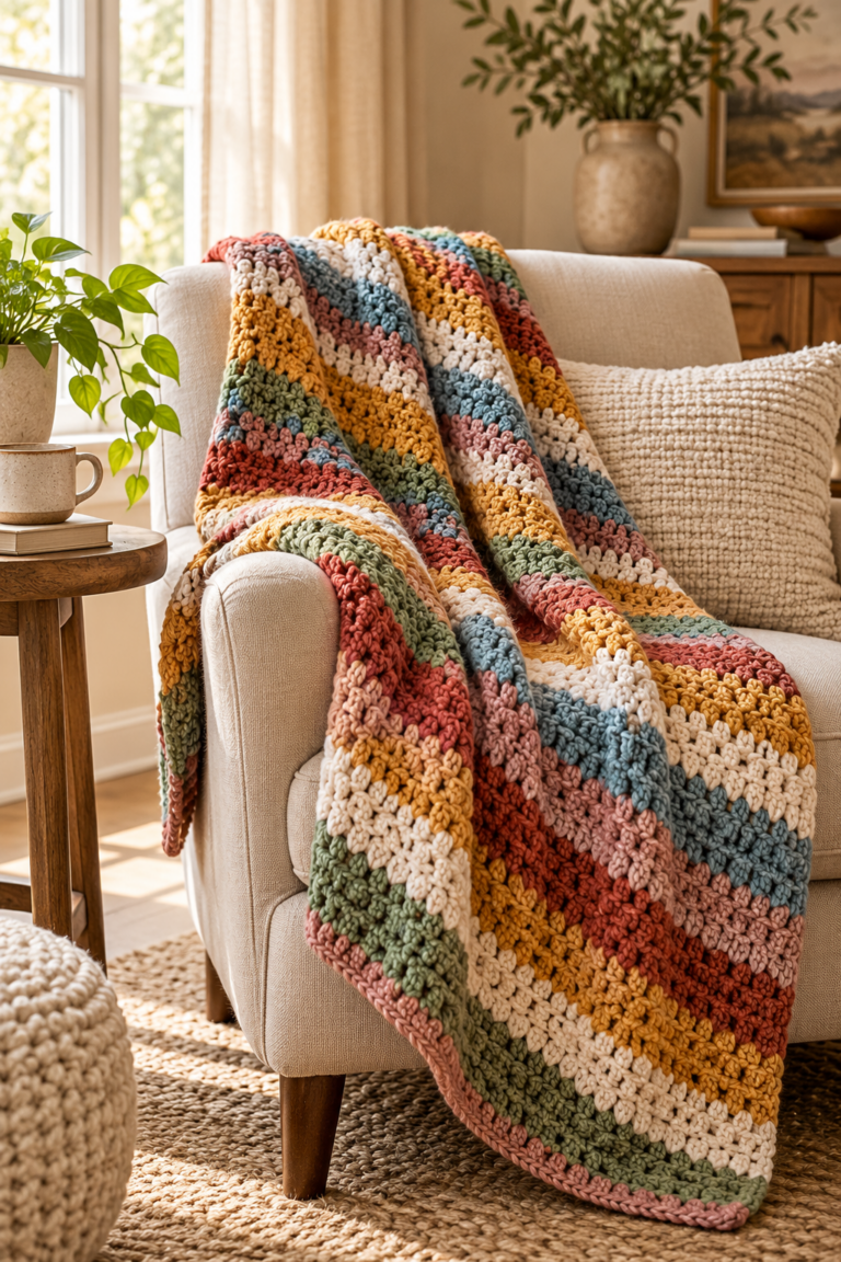 Colorful striped crochet blanket in a cozy living room
