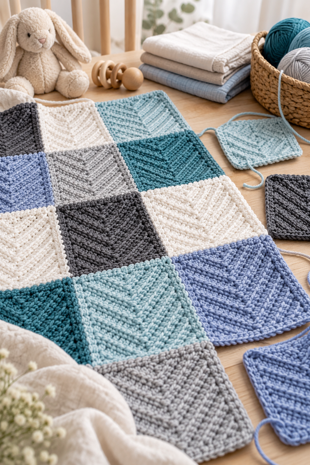 Modern herringbone baby blanket yarn palette
