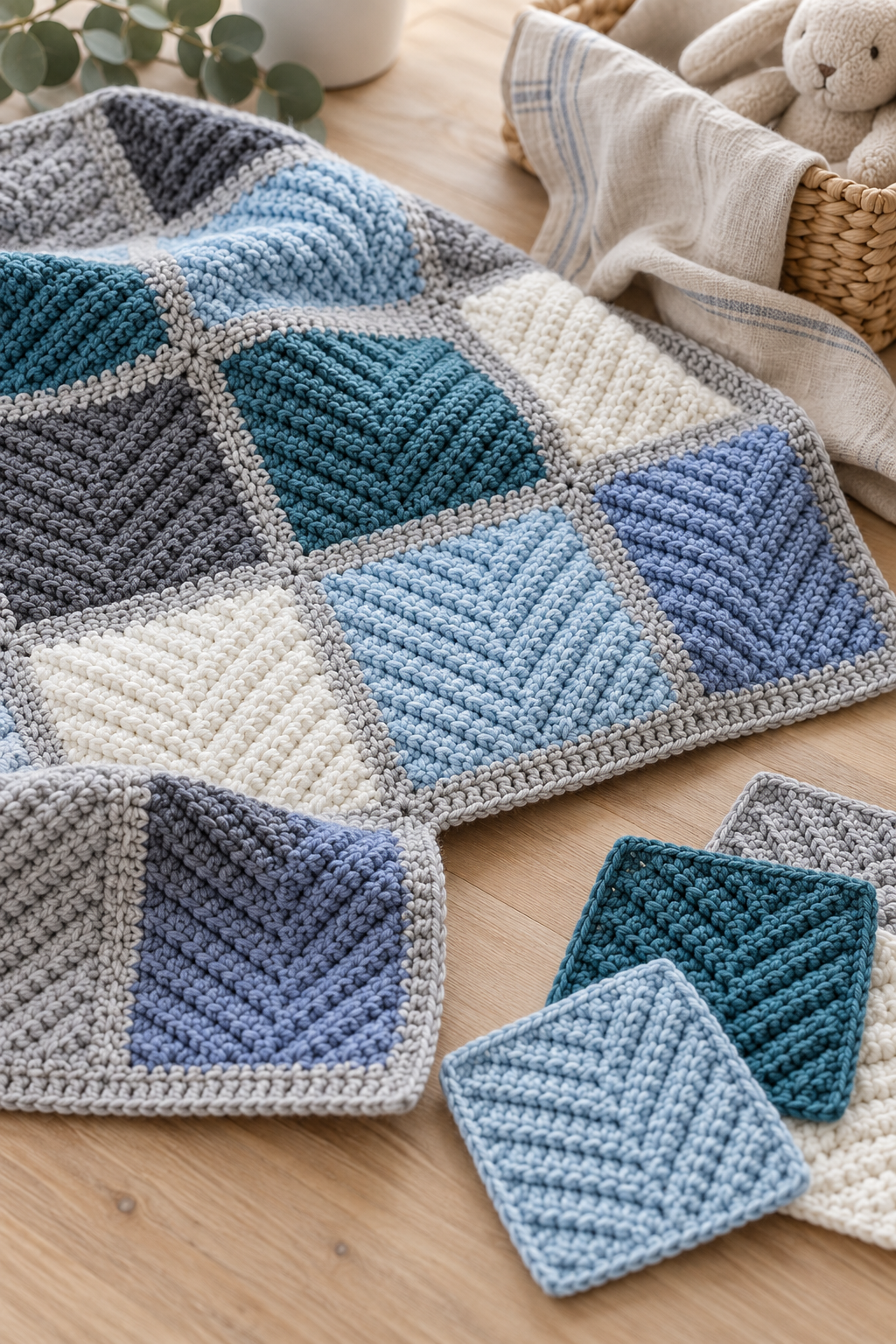 Modern herringbone baby blanket joining detail