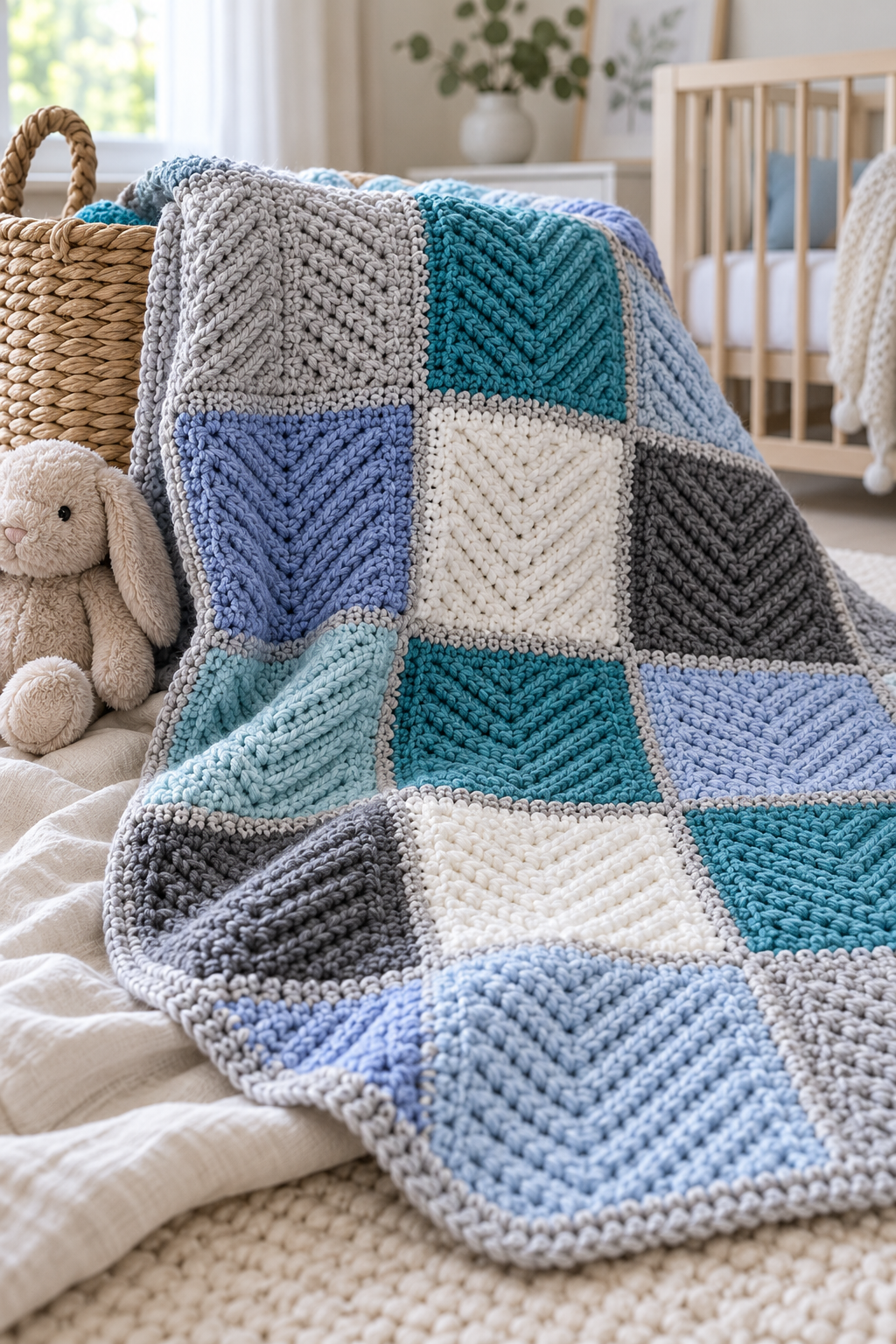 Modern herringbone baby blanket joined squares