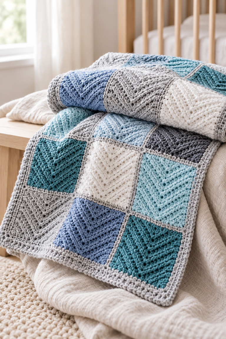 Modern herringbone baby blanket in soft crochet squares