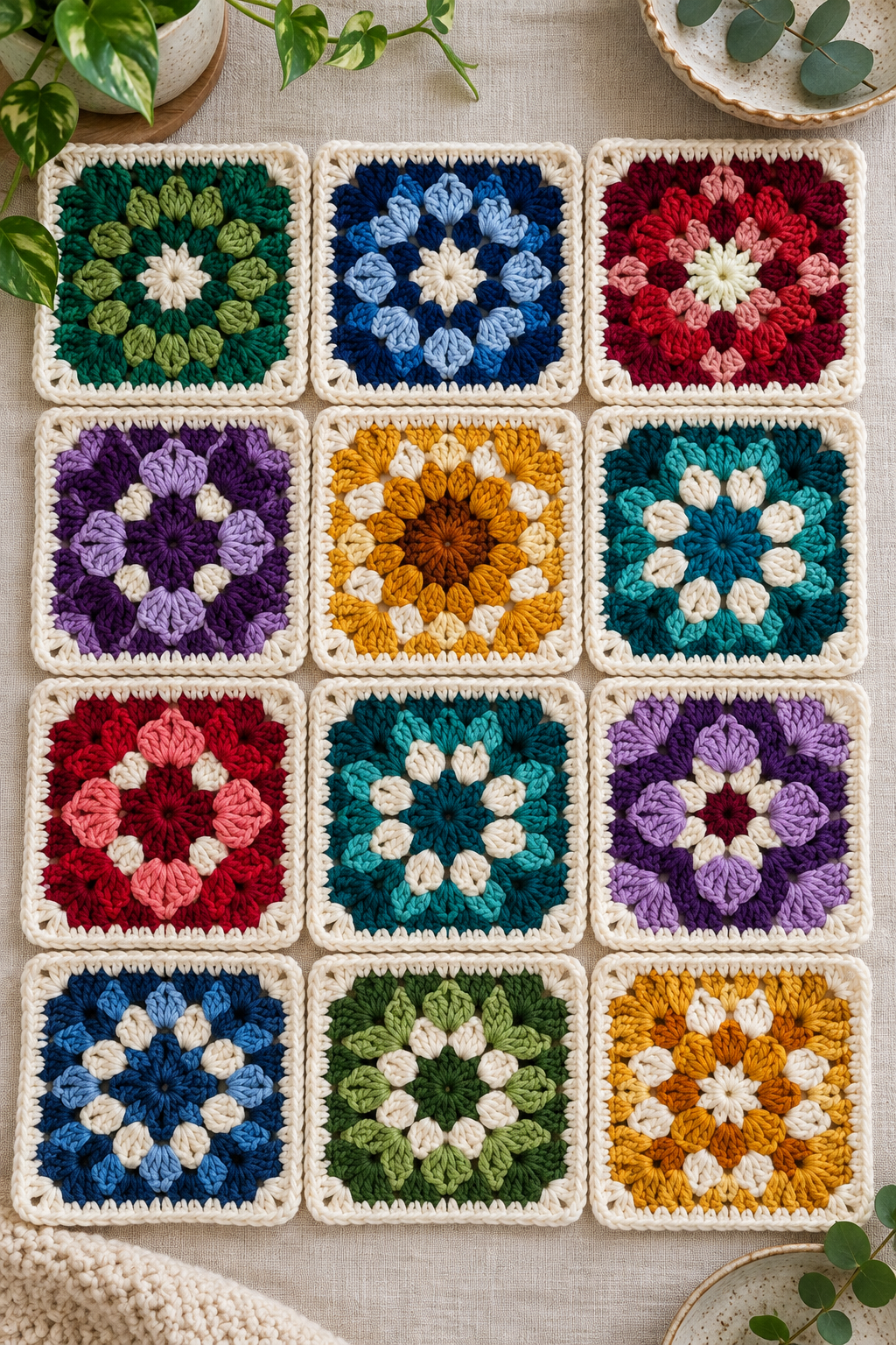 Modern patchwork crochet throw squares arranged in a colorful grid