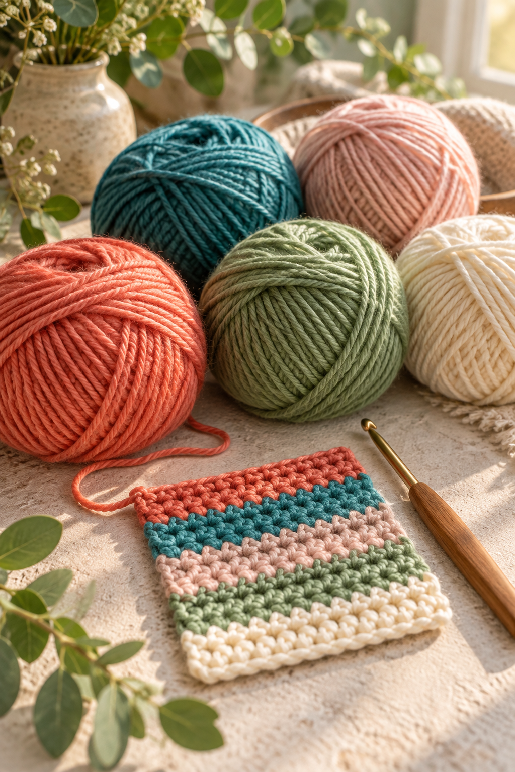 Colorful worsted yarn and crochet hook beside a gauge swatch