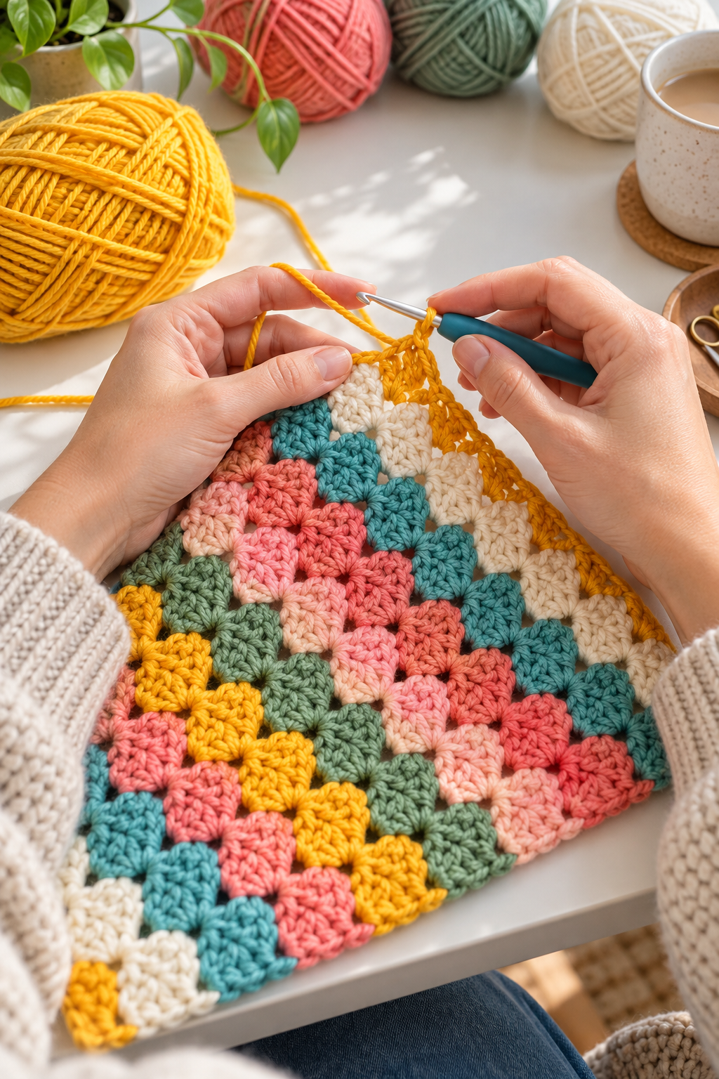 Crocheter working a colorful corner-to-corner square