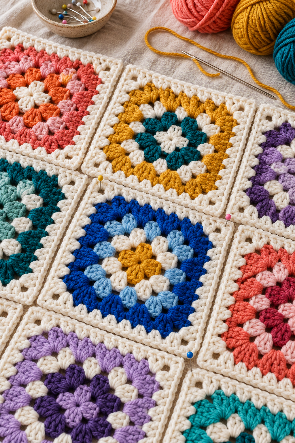 Crochet blanket squares aligned for joining