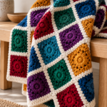 Colorful modern patchwork crochet blanket
