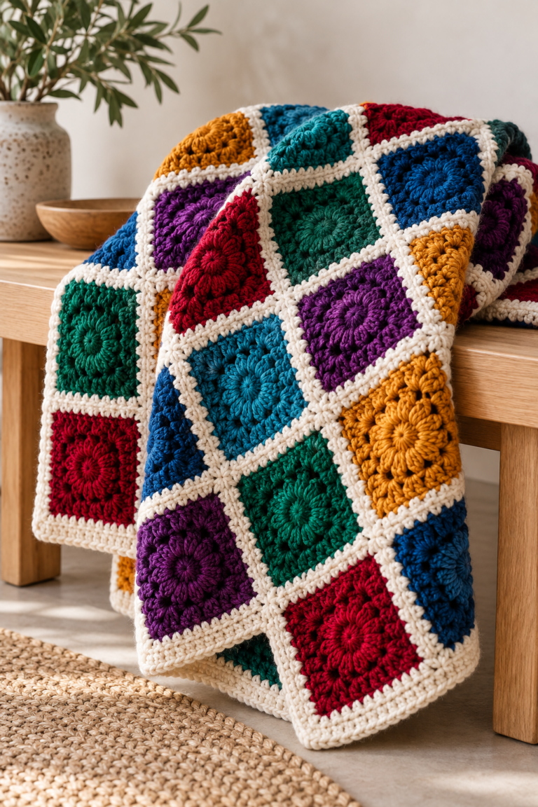 Colorful modern patchwork crochet blanket