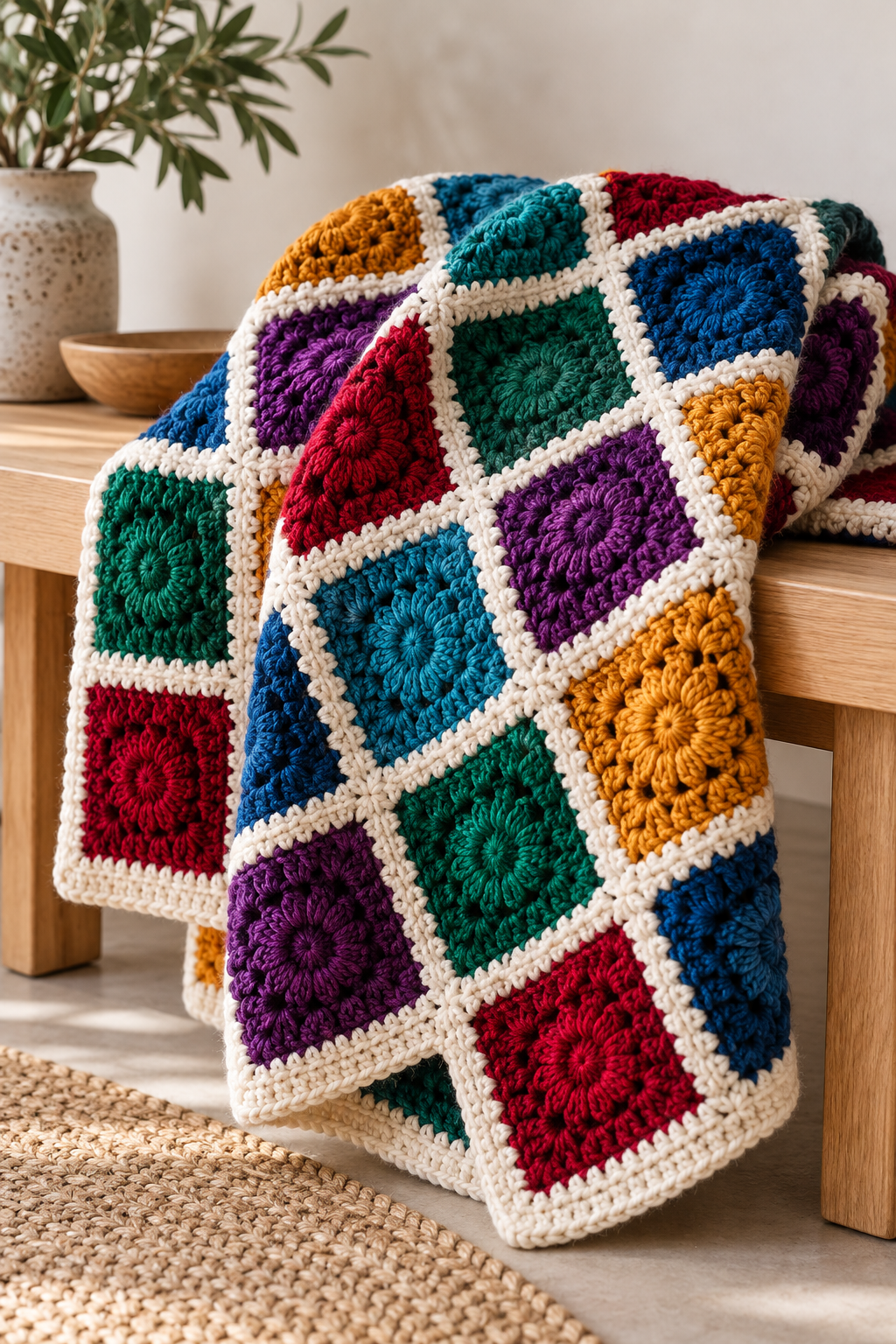 Colorful modern patchwork crochet blanket