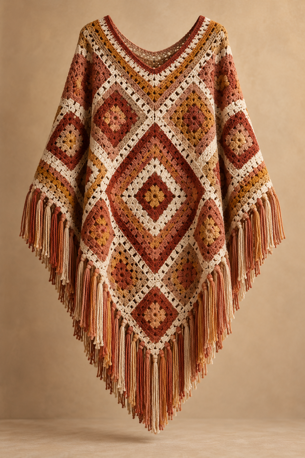 mosaic crochet poncho silhouette with fringe