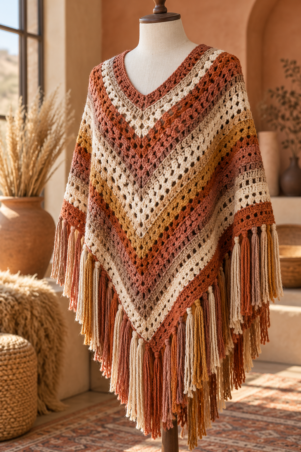mosaic crochet poncho seam and fringe finishing