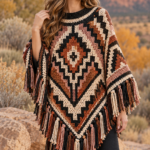mosaic crochet poncho in a desert-inspired geometric color palette