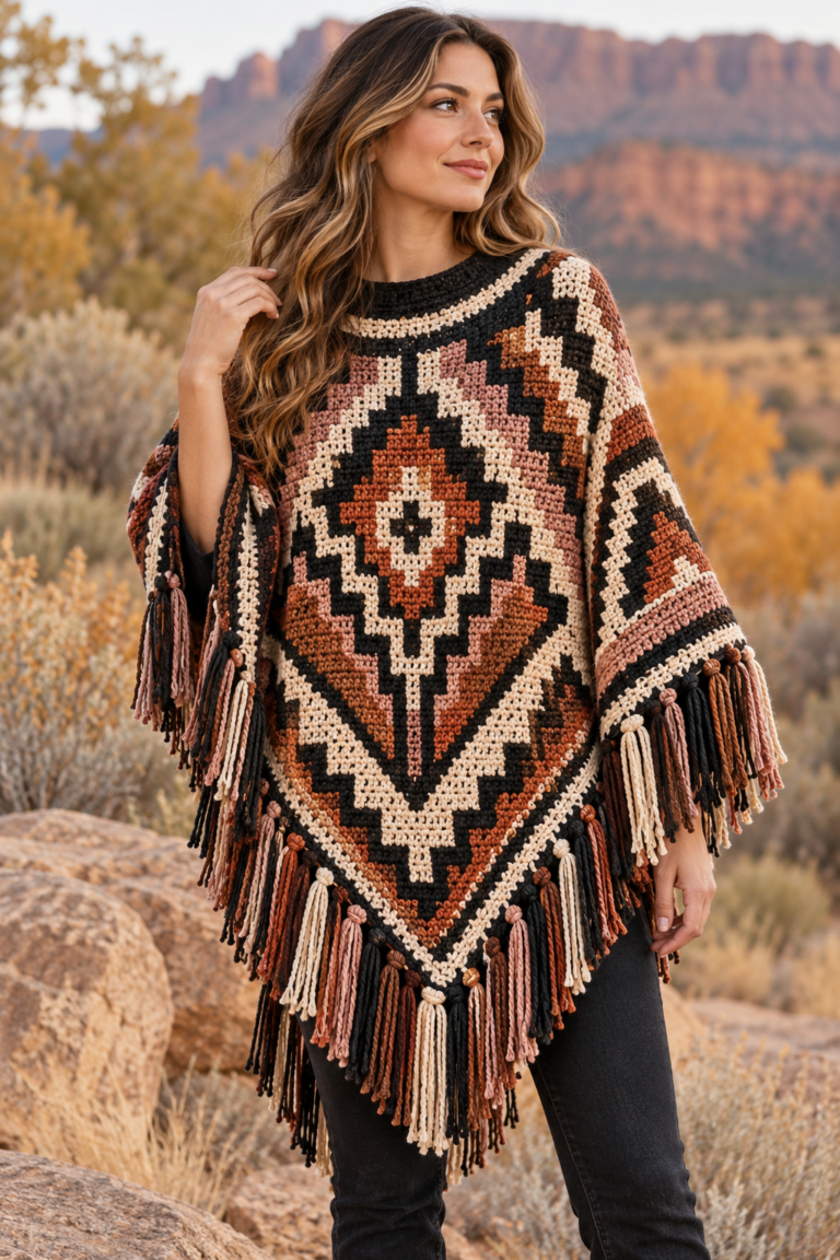 mosaic crochet poncho in a desert-inspired geometric color palette